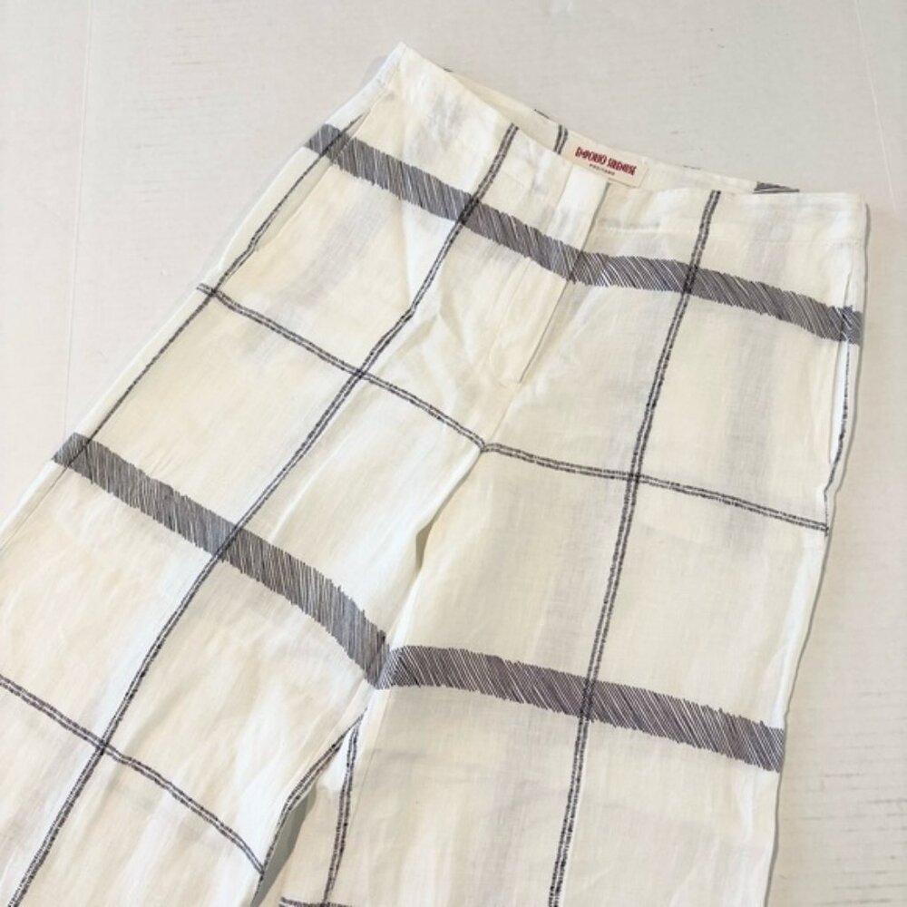 Emporio Sirenuse Linen Pants High Rise Wide Leg White Navy Check Plaid, IT 40 - Picture 3 of 15